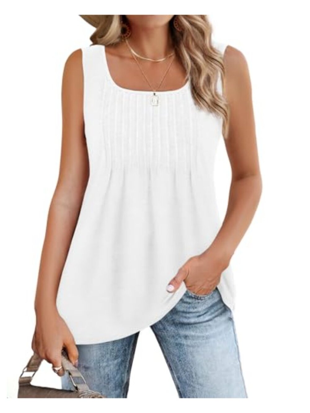 Zeagoo Women's Pleated Square Neck Loose Fit Flowy Tunic Tank Top